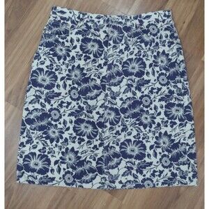 Eddie Bauer Straight Skirt Womens Size 14 Blue Floral front Slit 100% Cotton